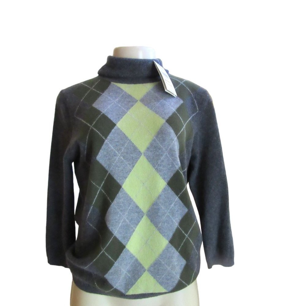 NWT, Valerie Stevens 2 ply Cashmere Turtleneck Sweater, Gray/Green in SZ Medium